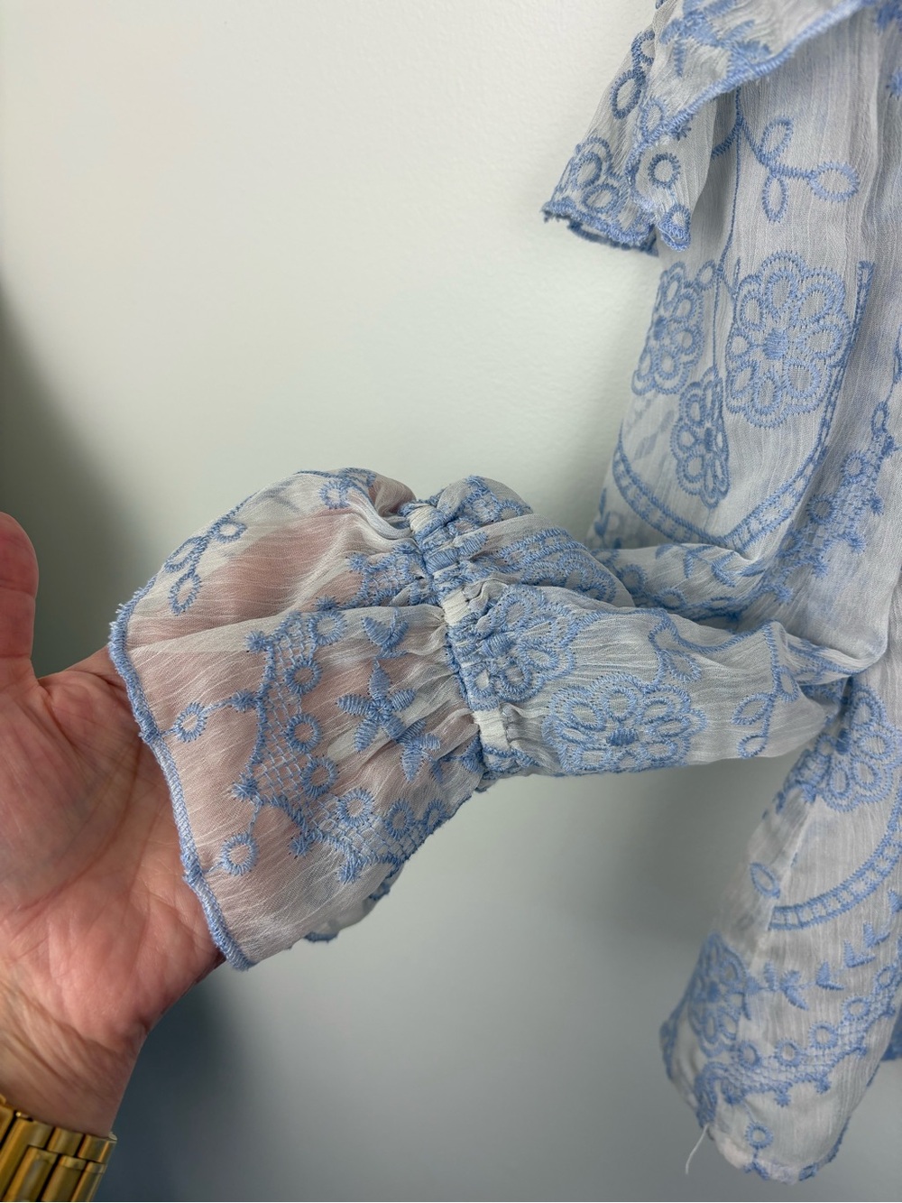 Fairycore Light Blue Ruffle V-Neck Embroidered Blouse Small Like New Dainty Whim - Picture 3 of 8